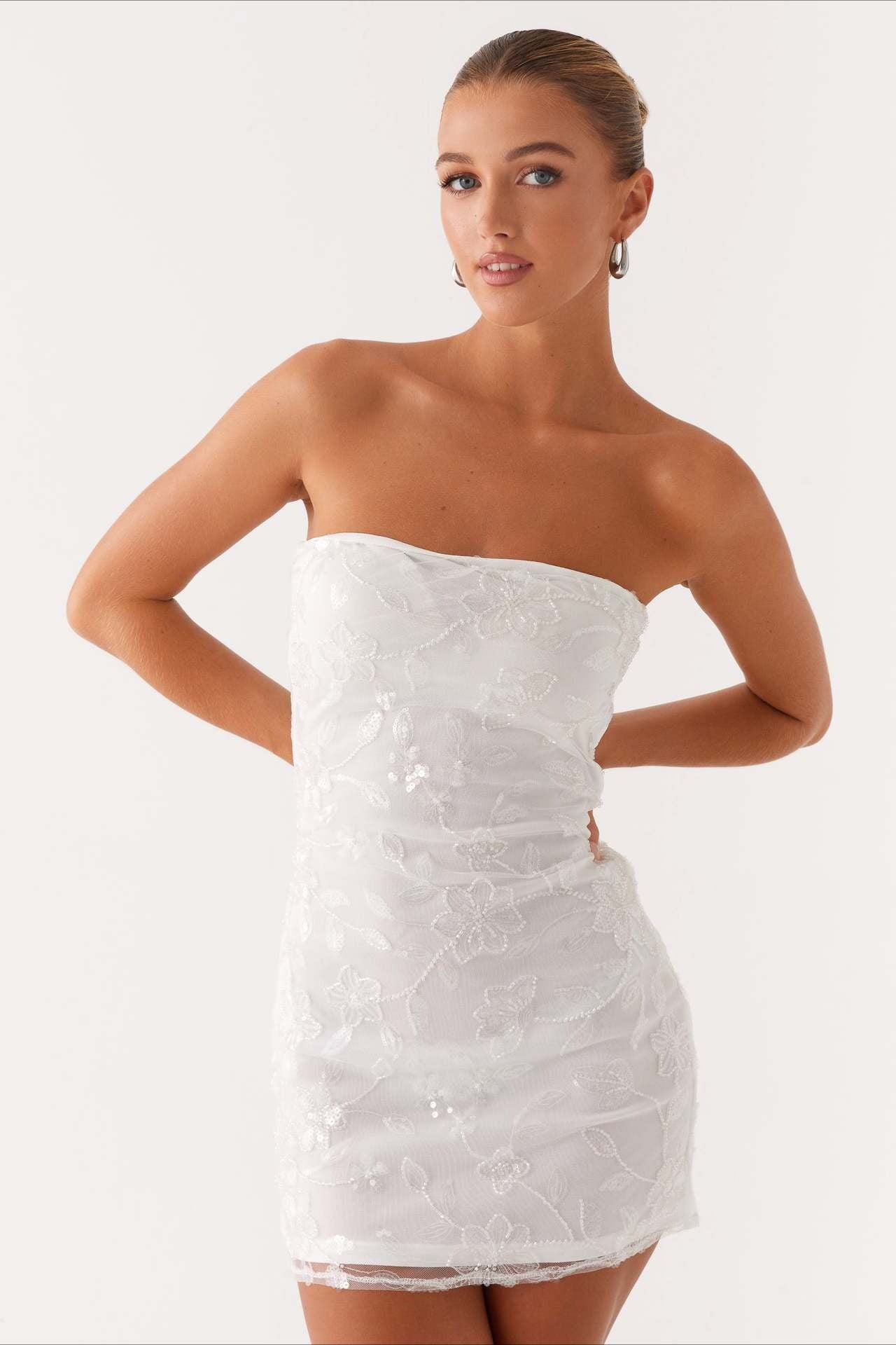 Floral Sequin Strapless Ruched Bodycon Mini Dress
