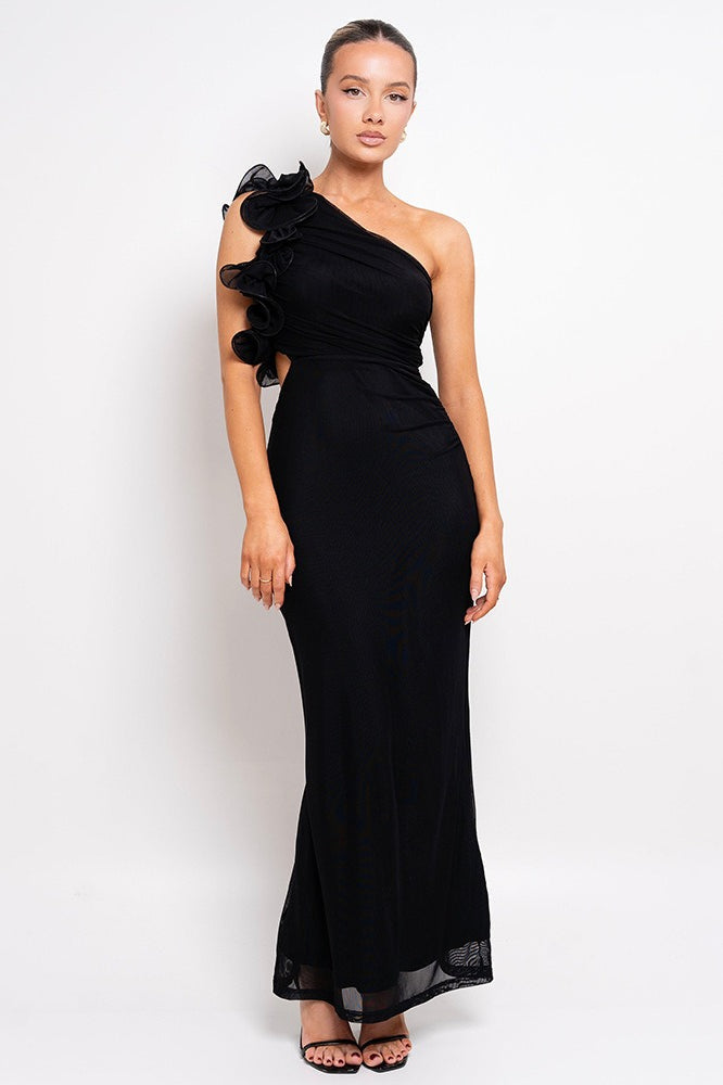 One Shoulder 3D Floral Cut Out Ruched Bodycon Maxi Dress