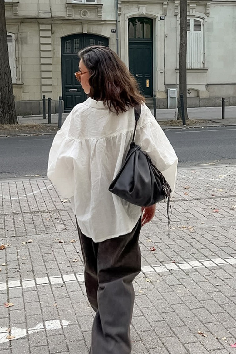 Collared Gathered Yoke Balloon Sleeve Oversized Button Front Shirt 5