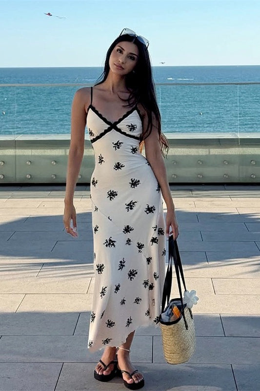 Floral Deep V-Neck Spaghetti Strap Lace Trim Slip Midi Dress