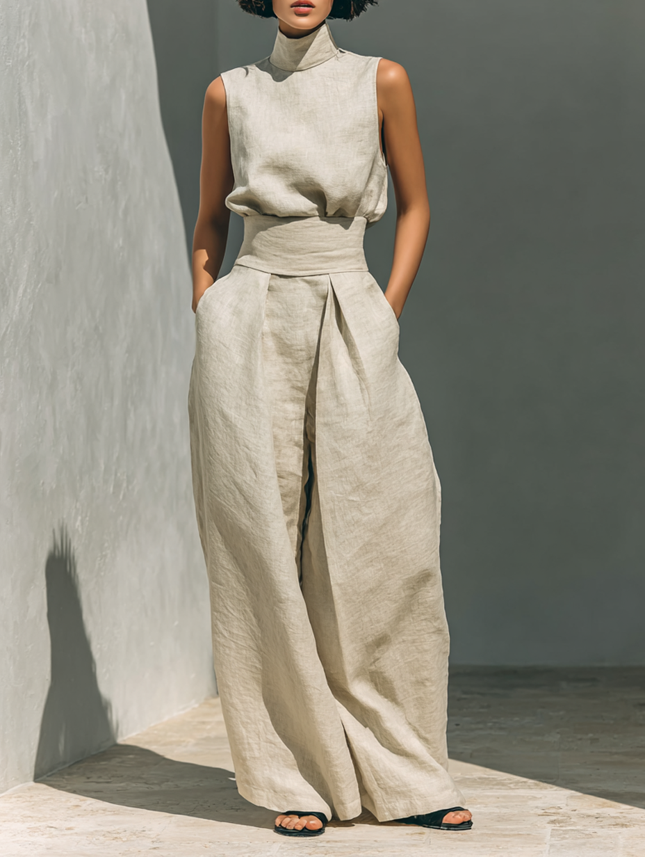 Sleeveless High Neck Top and Wide Leg Pants Two Piece Set