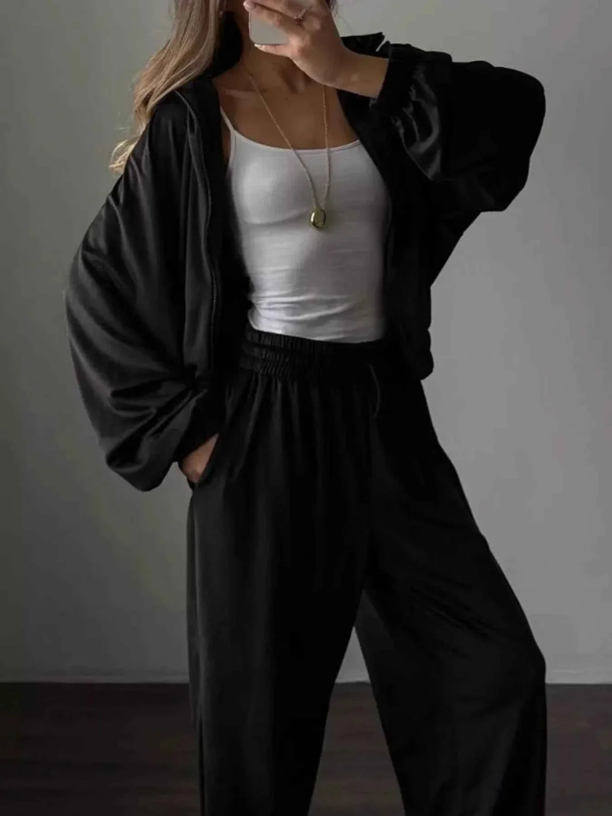 Oversized Zip Front Hoodie and Elastic Cuff Joggers Two Piece Set 5