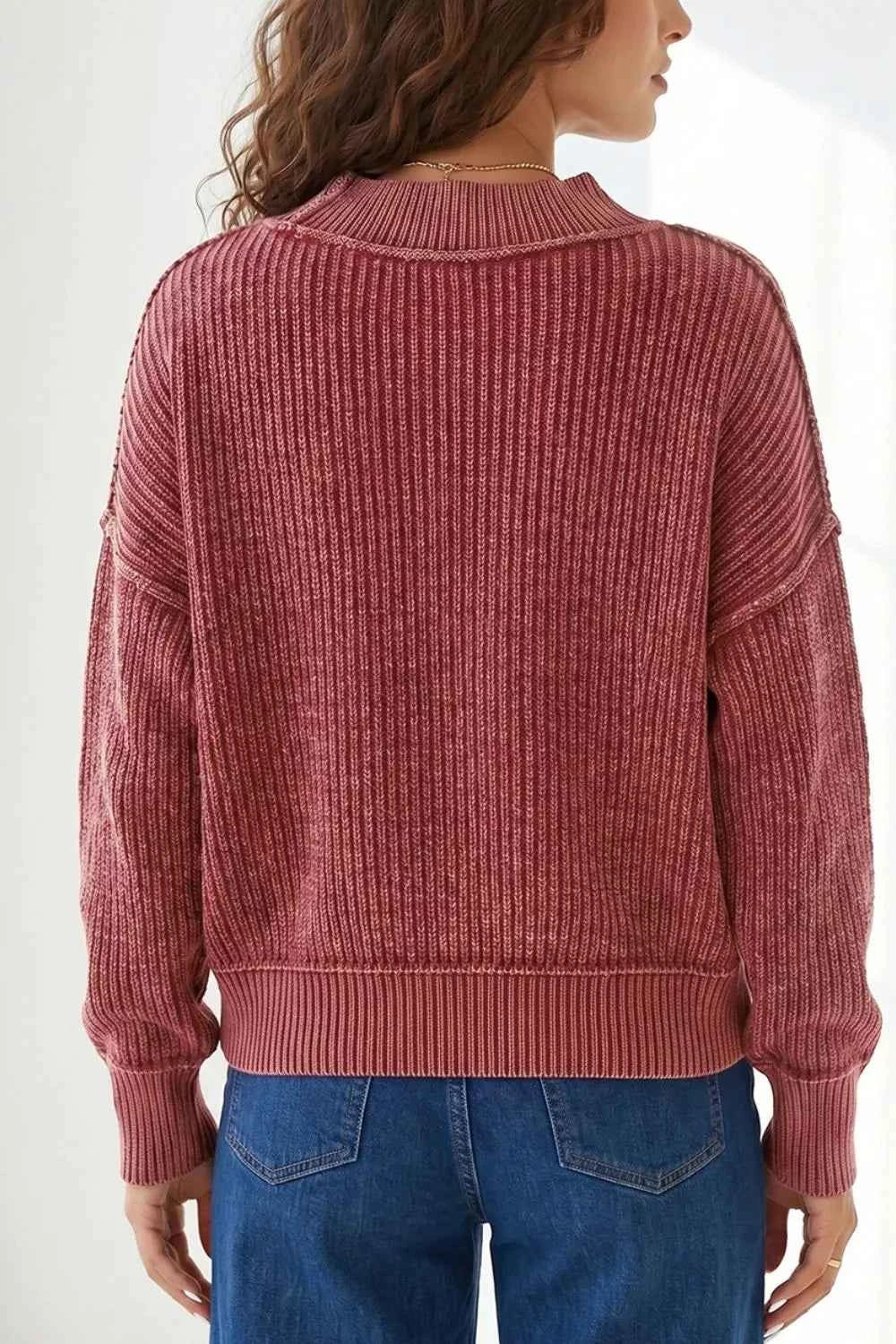 Drop Shoulder High Neck Ribbed Sweater