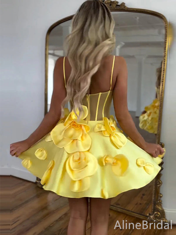 Satin 3D Flower Sheer Corset Spaghetti Strap Mini Homecoming Dress 2