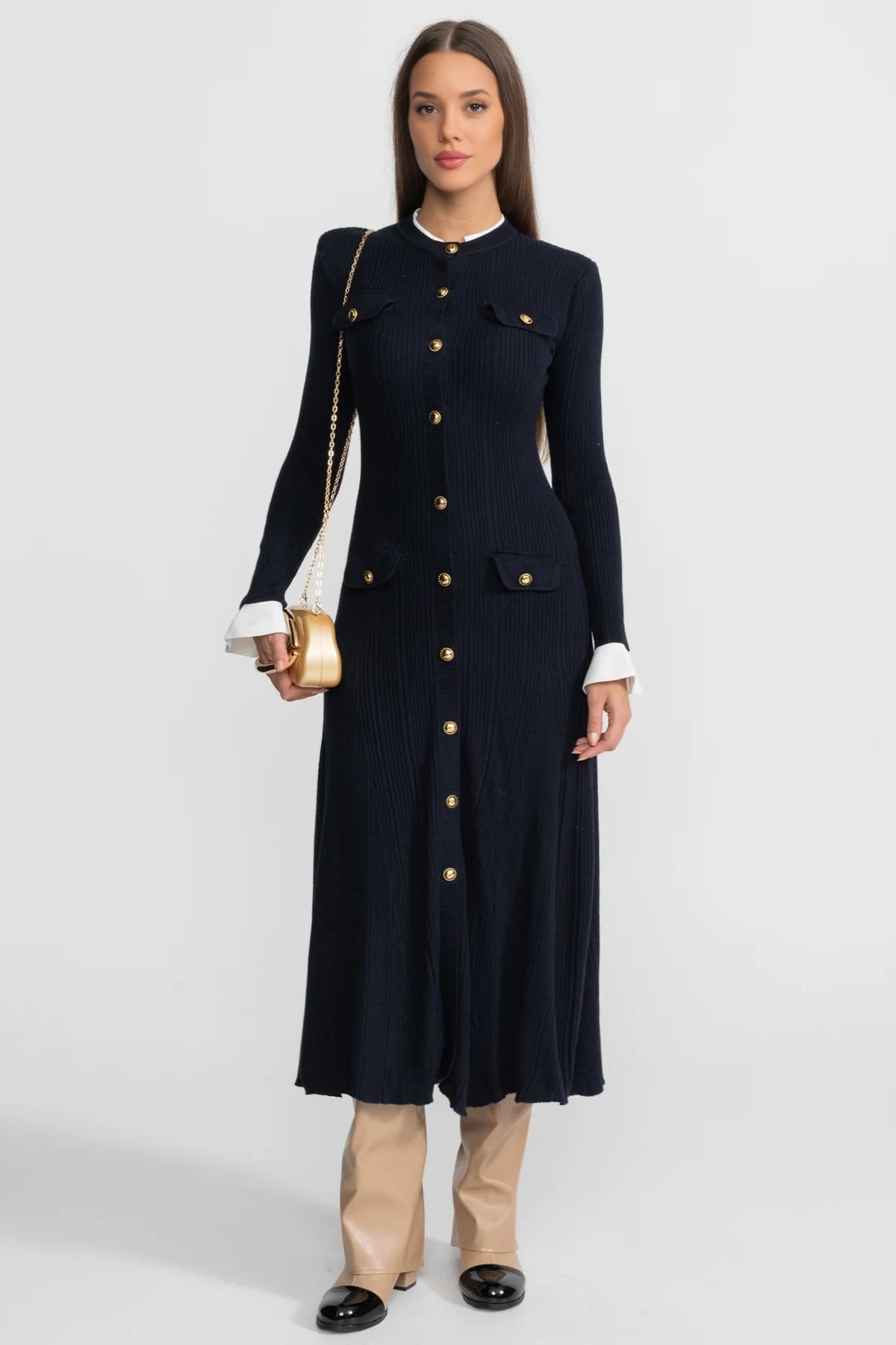 Ribbed Knit Button Front Long Sleeve Contrast Cuff A-Line Midi Dress