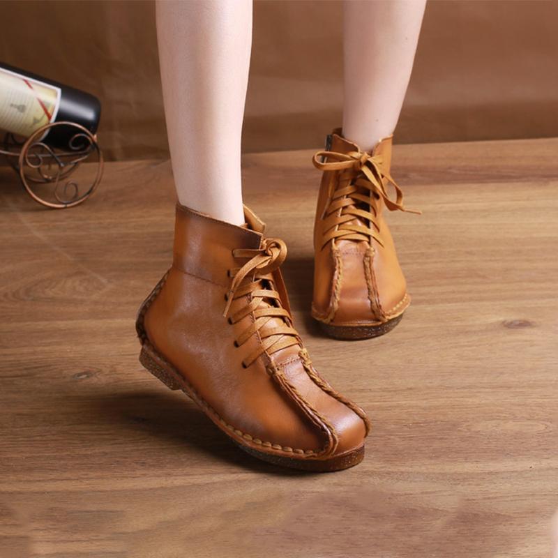 National Style Leather Short Boots For Women Lace Up Green/Black/Brown