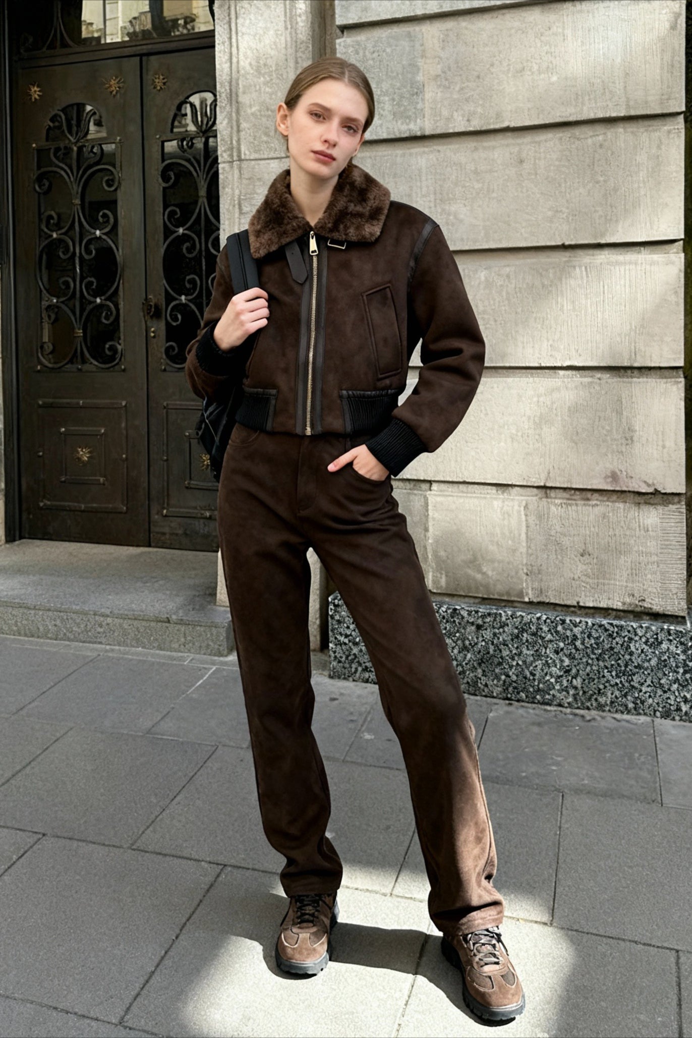 Faux Fur Collar Zip-Up Jacket