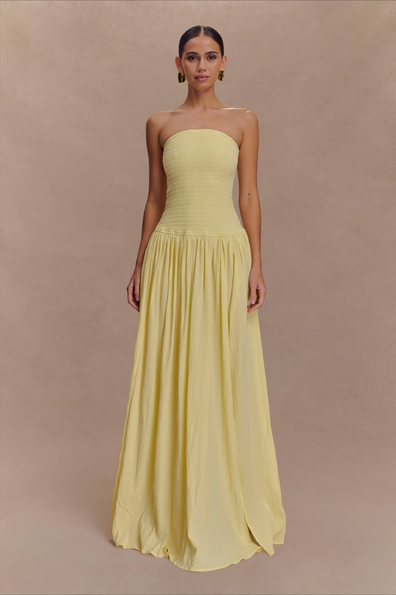 Strapless Ruched High Split Flowy Maxi Prom Dress