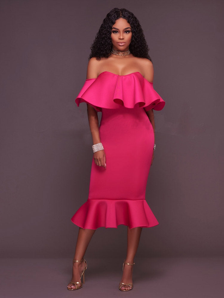 Off Shoulder Ruffle Mermaid Midi Dress 14