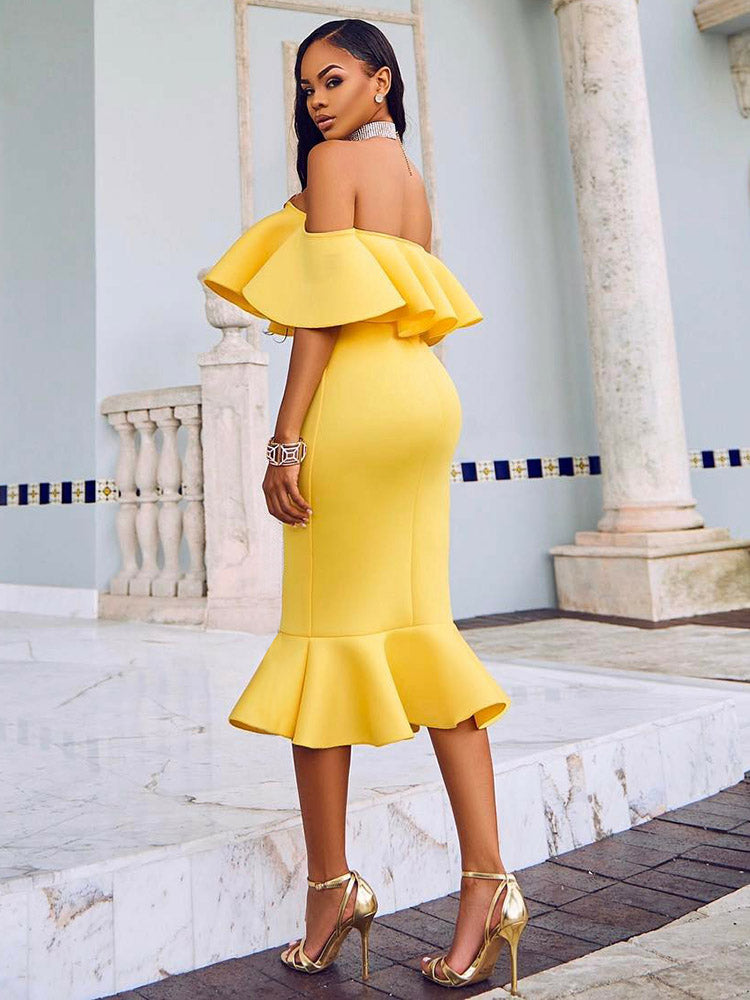 Off Shoulder Ruffle Mermaid Midi Dress 16