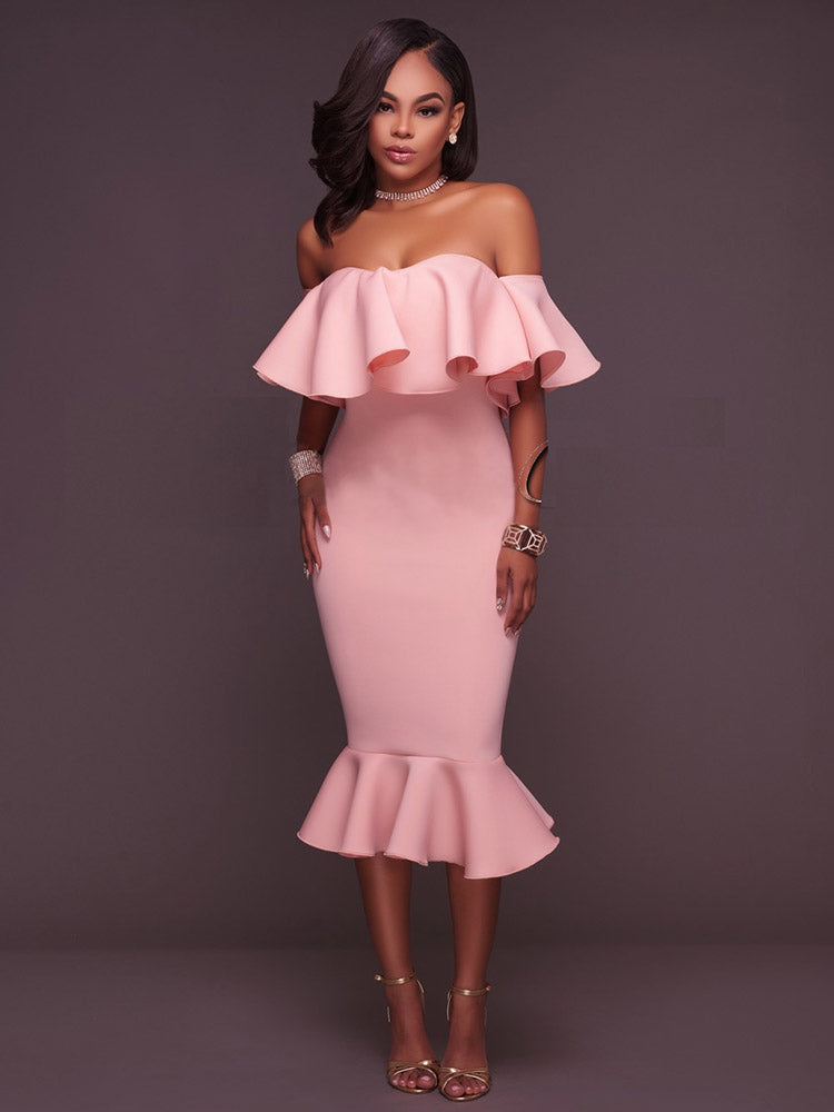 Off Shoulder Ruffle Mermaid Midi Dress