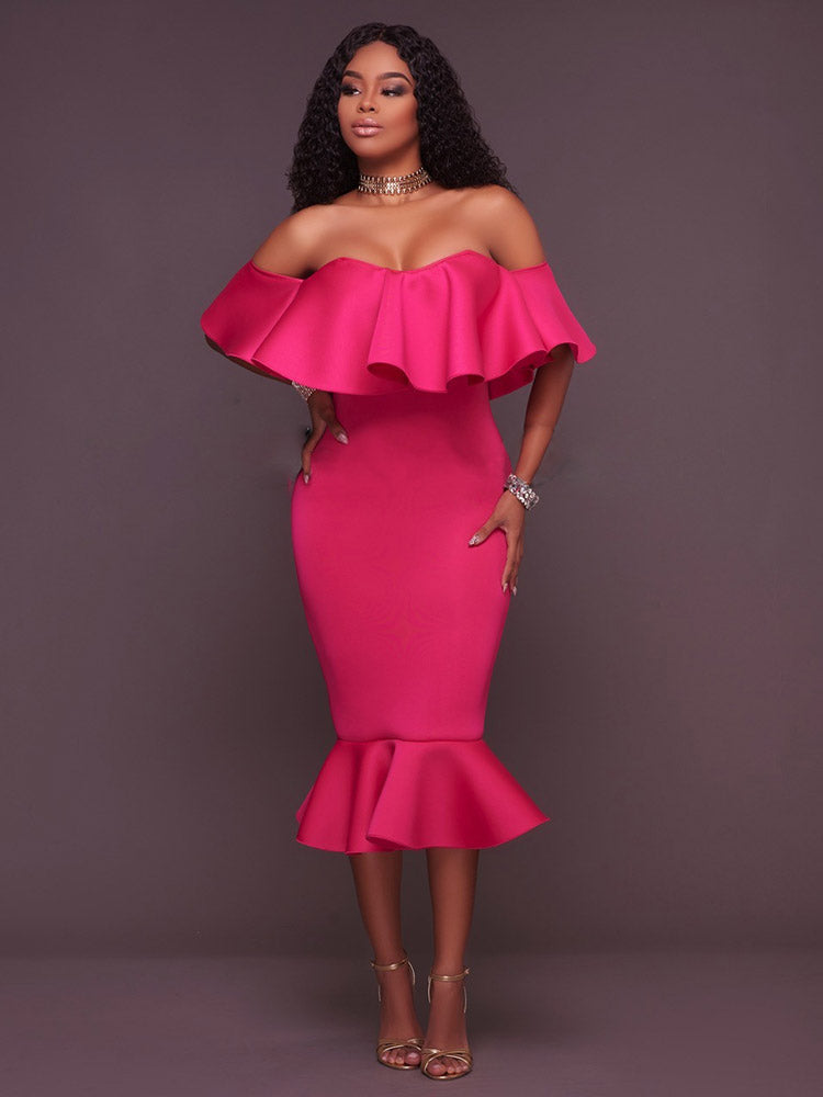 Off Shoulder Ruffle Mermaid Midi Dress 13