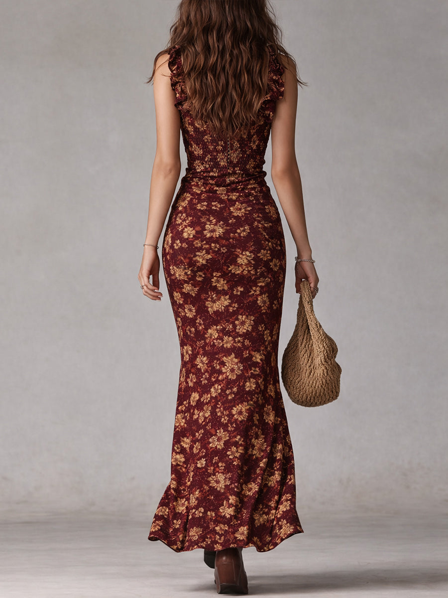 Floral Smocked Ruffle Strap High Split Mermaid Maxi Dress 6