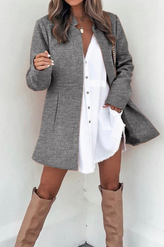 Collarless Open Front Long Sleeve Seamed Mid Length Coat 12