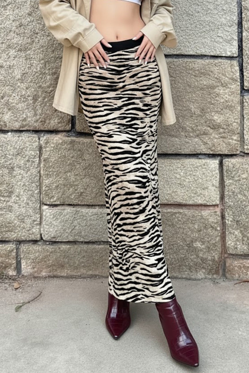 Zebra Print Contrast Waistband Slim Fit Maxi Skirt 3