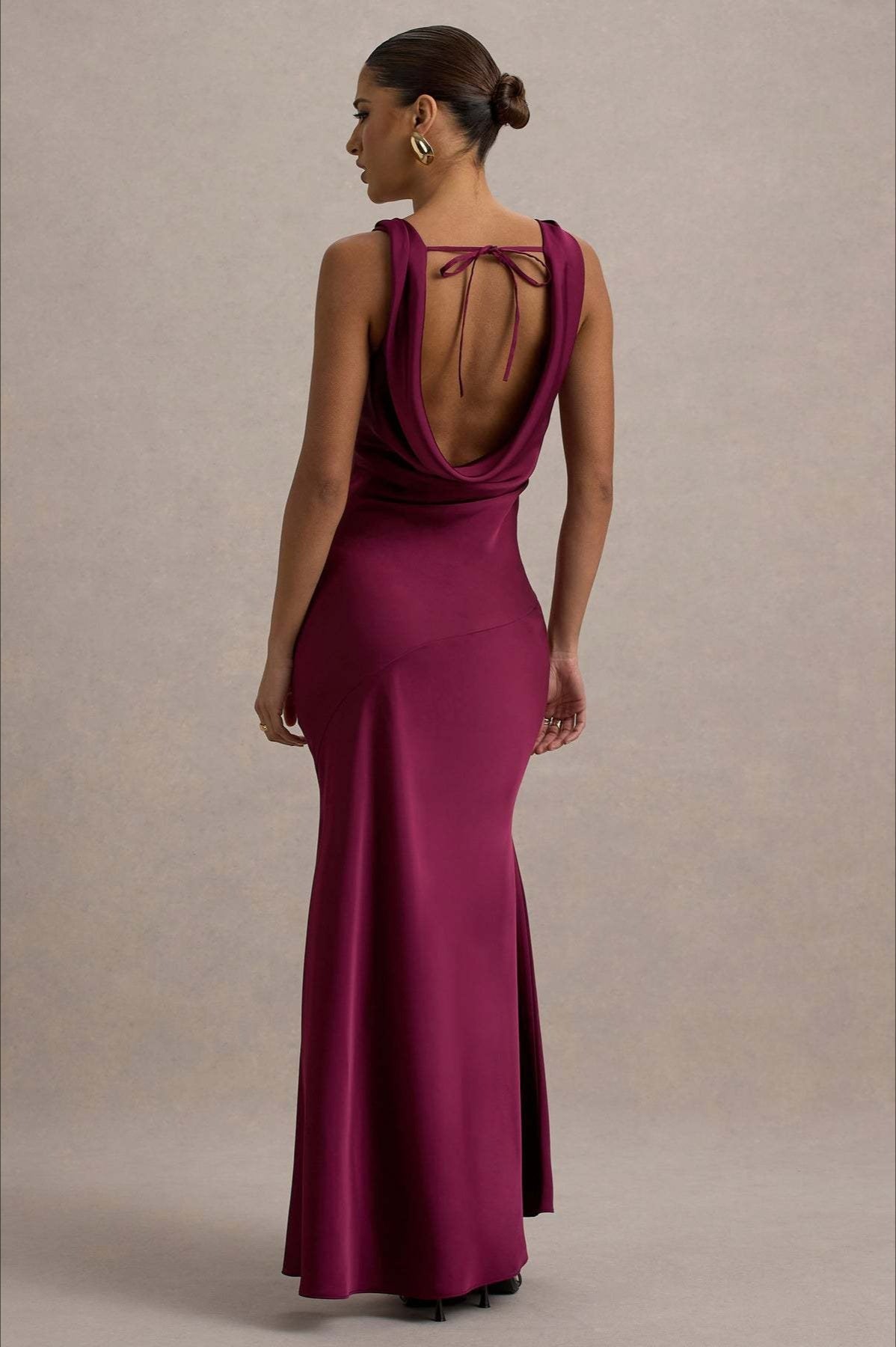 Satin Cowl Neck Wide Strap Sleeveless Diagonal Seam Sheath Maxi Gown