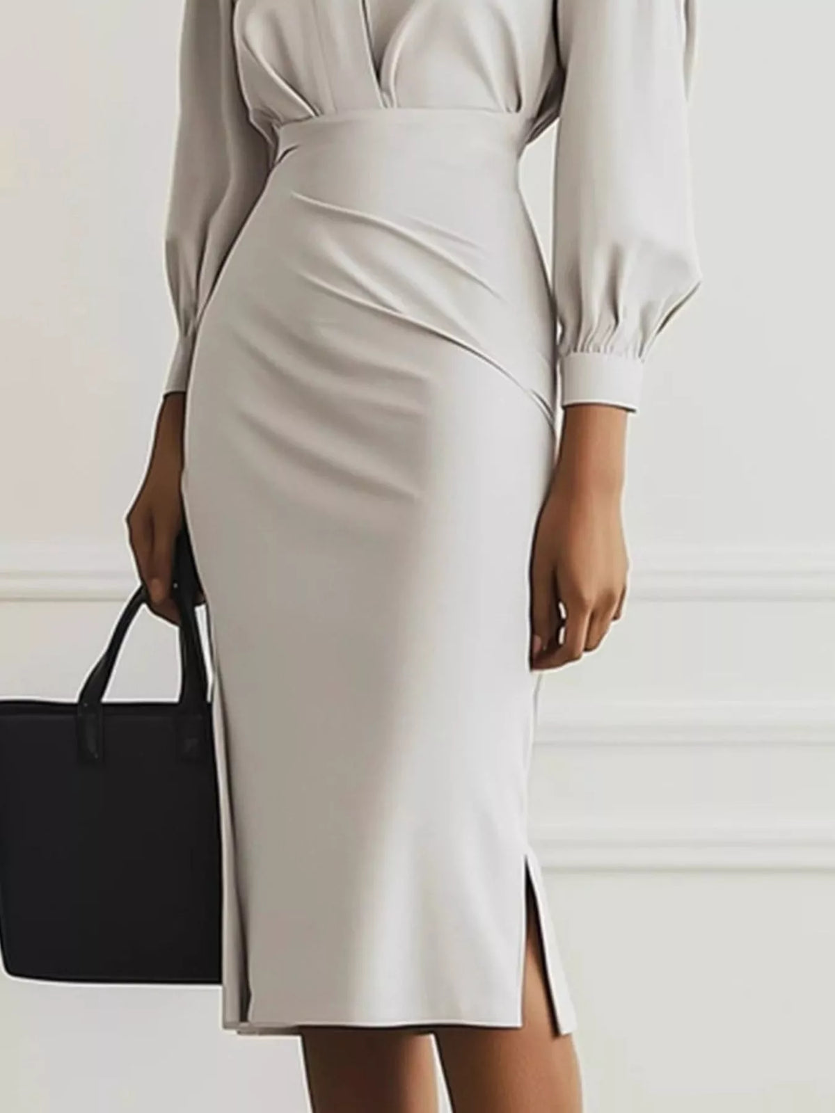 Collared V-Neck Puff Sleeve Ruched Side Slit Midi Shirt Dress 5