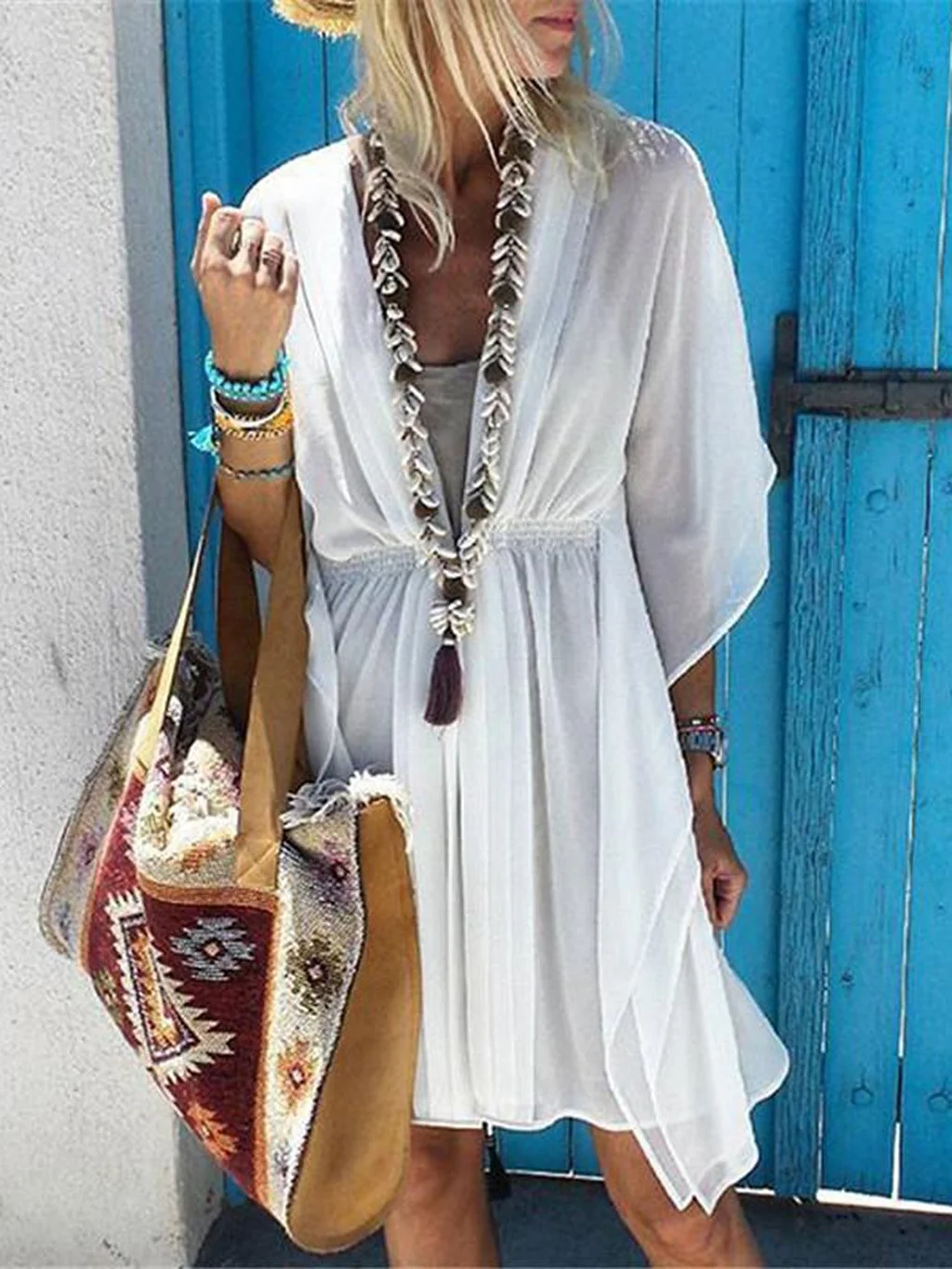 V-Neck Smocked Waist Flutter Sleeve Asymmetrical Hem Chiffon Mini Dress