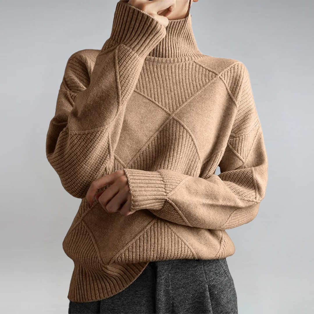 Turtleneck Long Sleeve Diamond Textured Knit Sweater