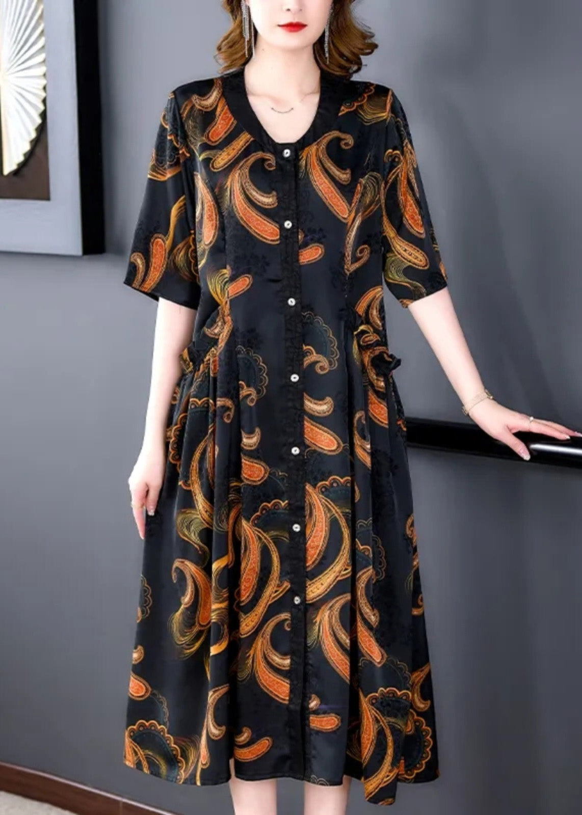 Paisley Print V-Neck Short Sleeve Button Front Side Ruffle A-Line Midi Dress