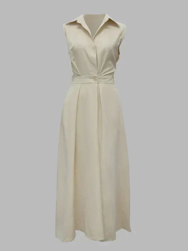 Stand Collar Deep V-Neck Sleeveless Pocket A-Line Midi Dress