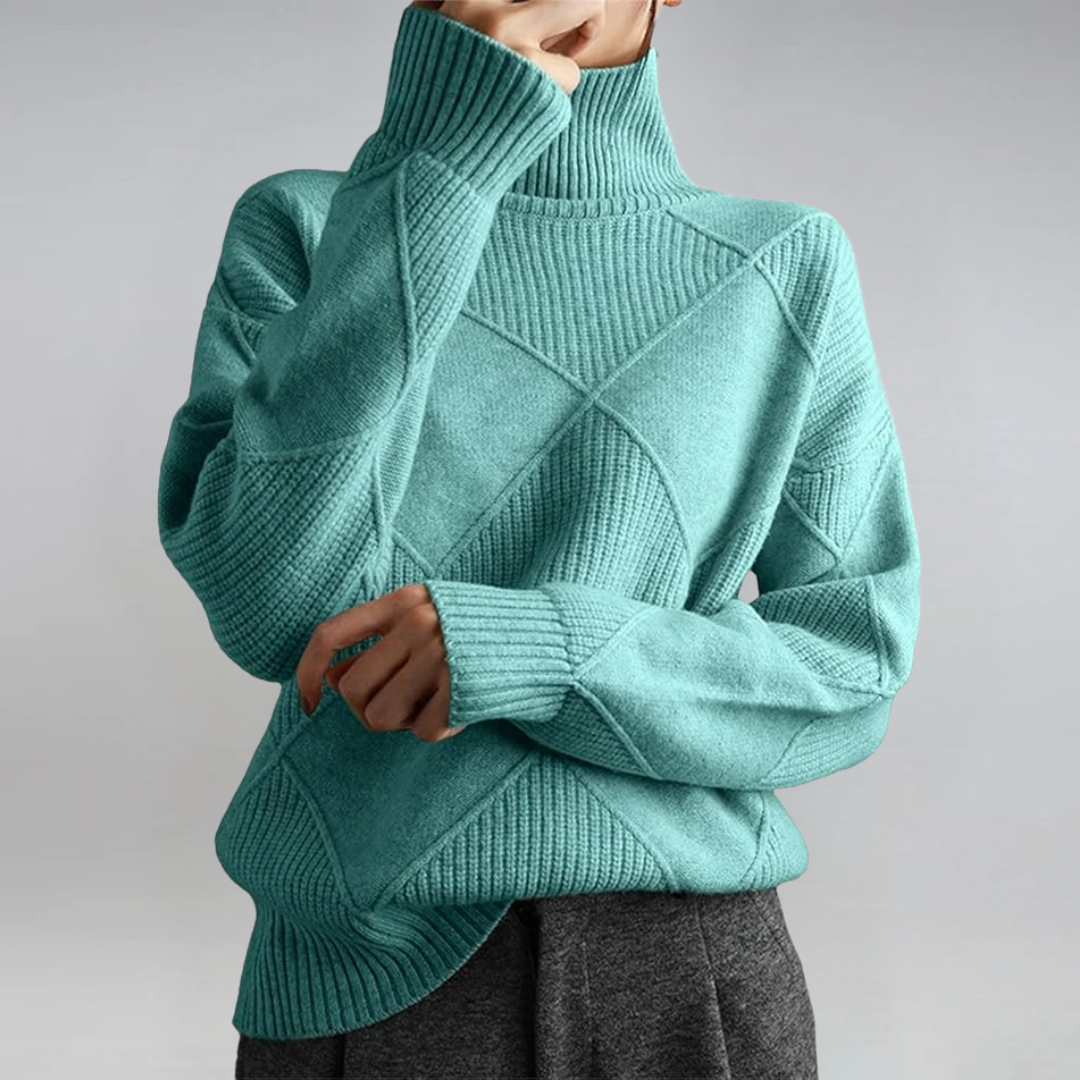 Turtleneck Long Sleeve Diamond Textured Knit Sweater