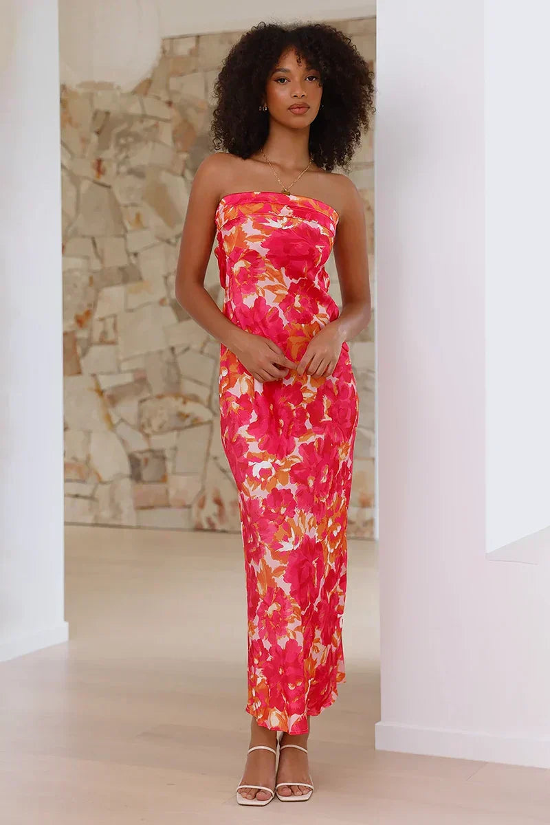 Strapless Foldover Bust Large Floral Print Column Midi Dress