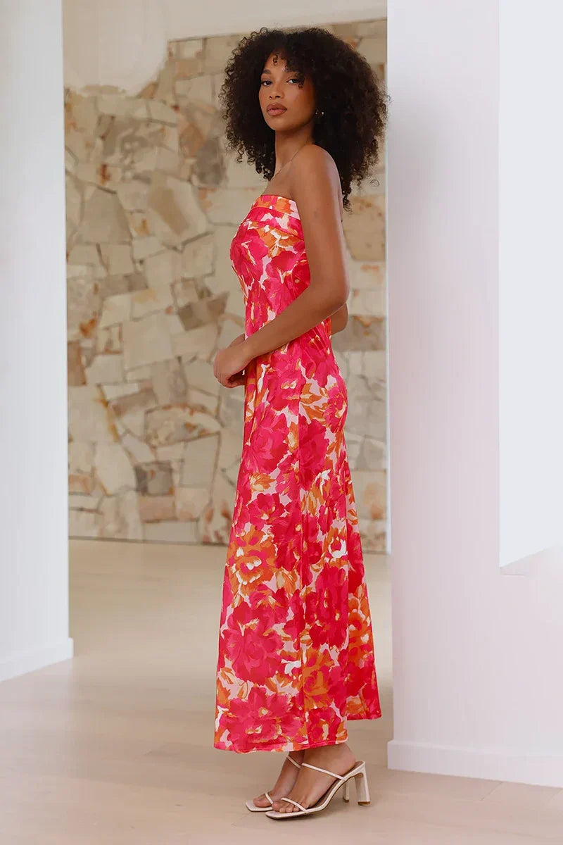 Strapless Foldover Bust Large Floral Print Column Midi Dress