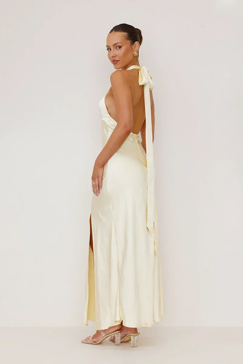 Satin Halter Neck Twist Front Cut Out Backless High Split Maxi Gown