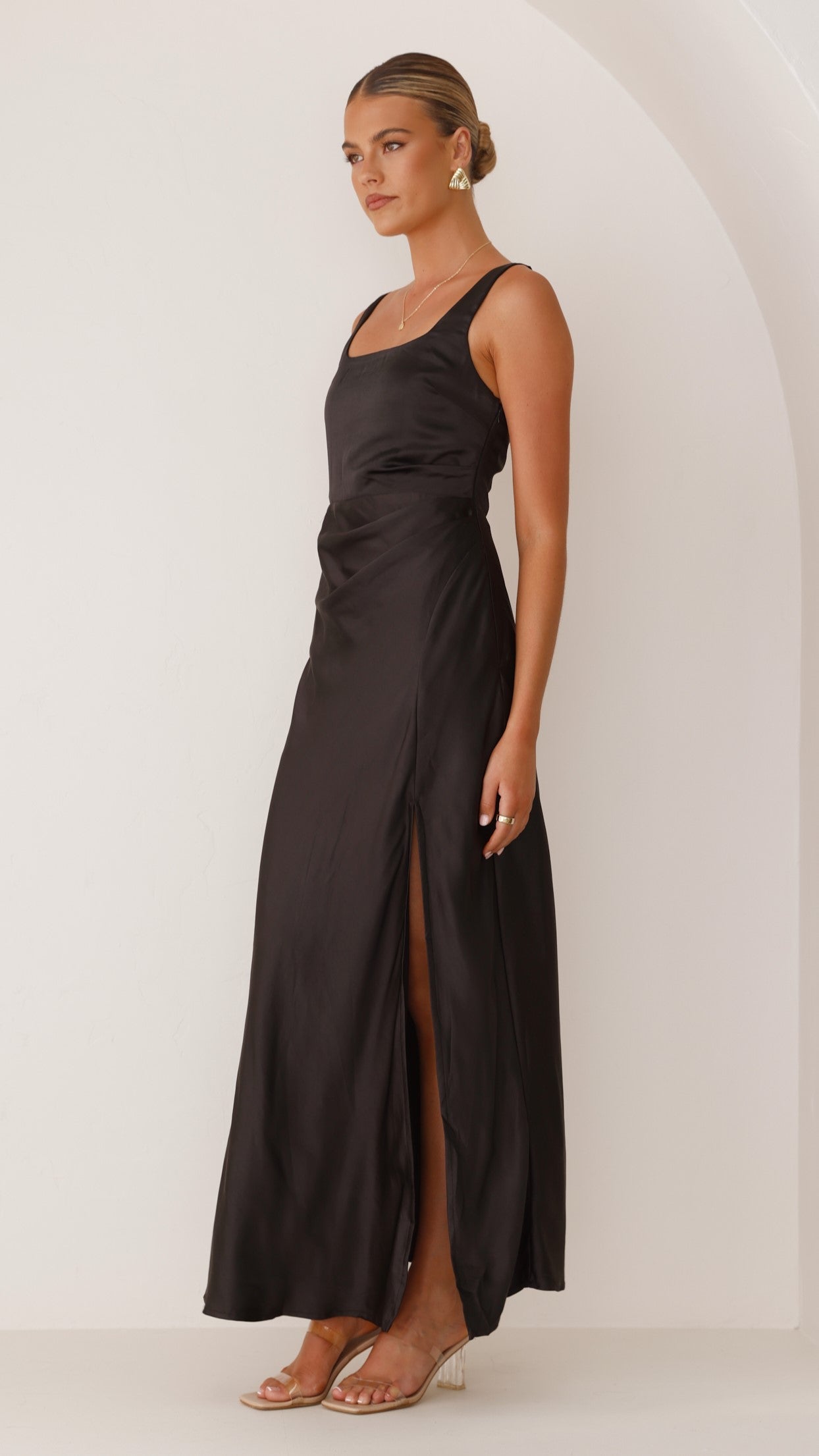 Satin Square Neck Wide Strap Sleeveless High Split Maxi Gown