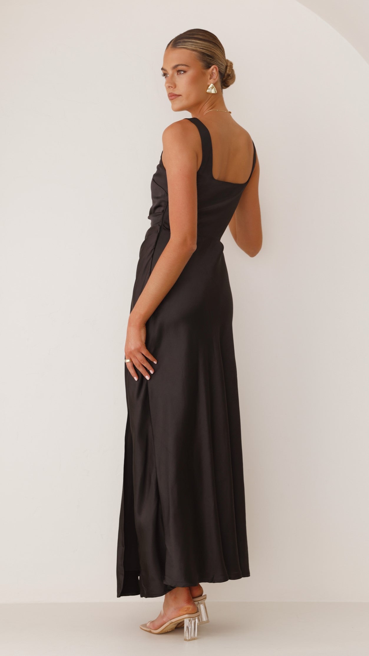 Satin Square Neck Wide Strap Sleeveless High Split Maxi Gown
