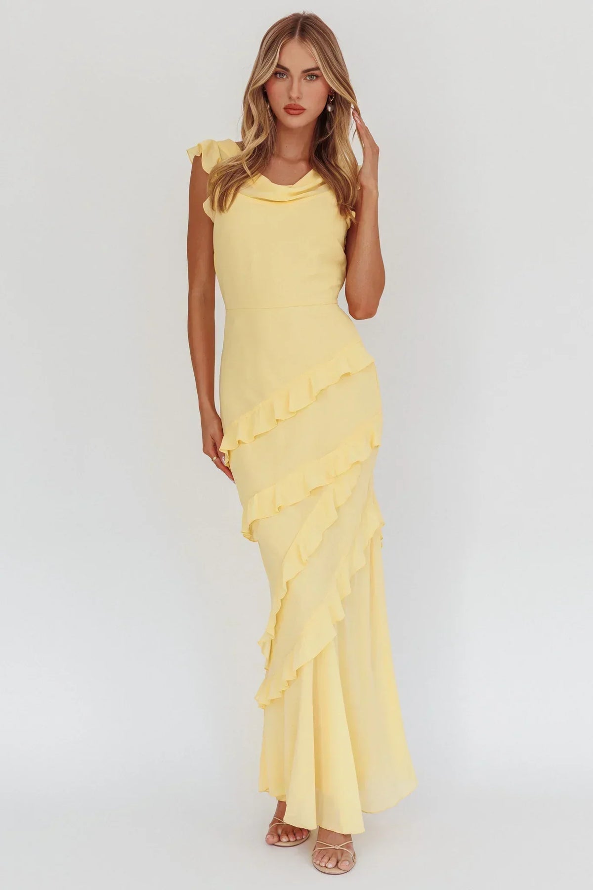 Cowl Neck Flutter Sleeve Tiered Ruffle Maxi Dress