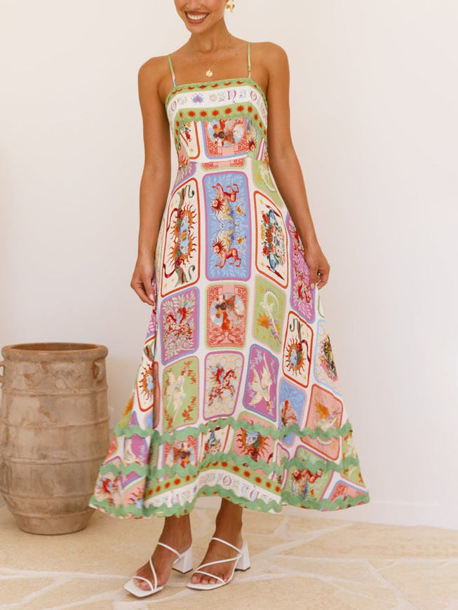Patchwork Print Spaghetti Strap Scallop Trim Maxi Dress 5