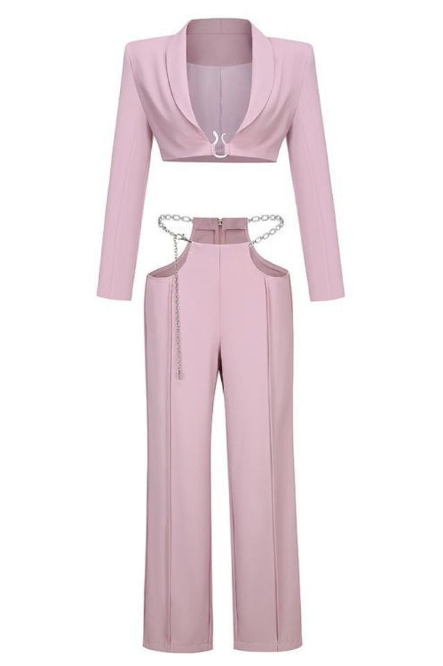 Long Sleeve Cropped Blazer Top and Chain Cut Out Wide Leg Pants Two Piece Set 7