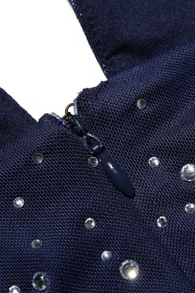 Rhinestone Embellished Halter Deep V-Neck Flounce Hem Midi Dress 11
