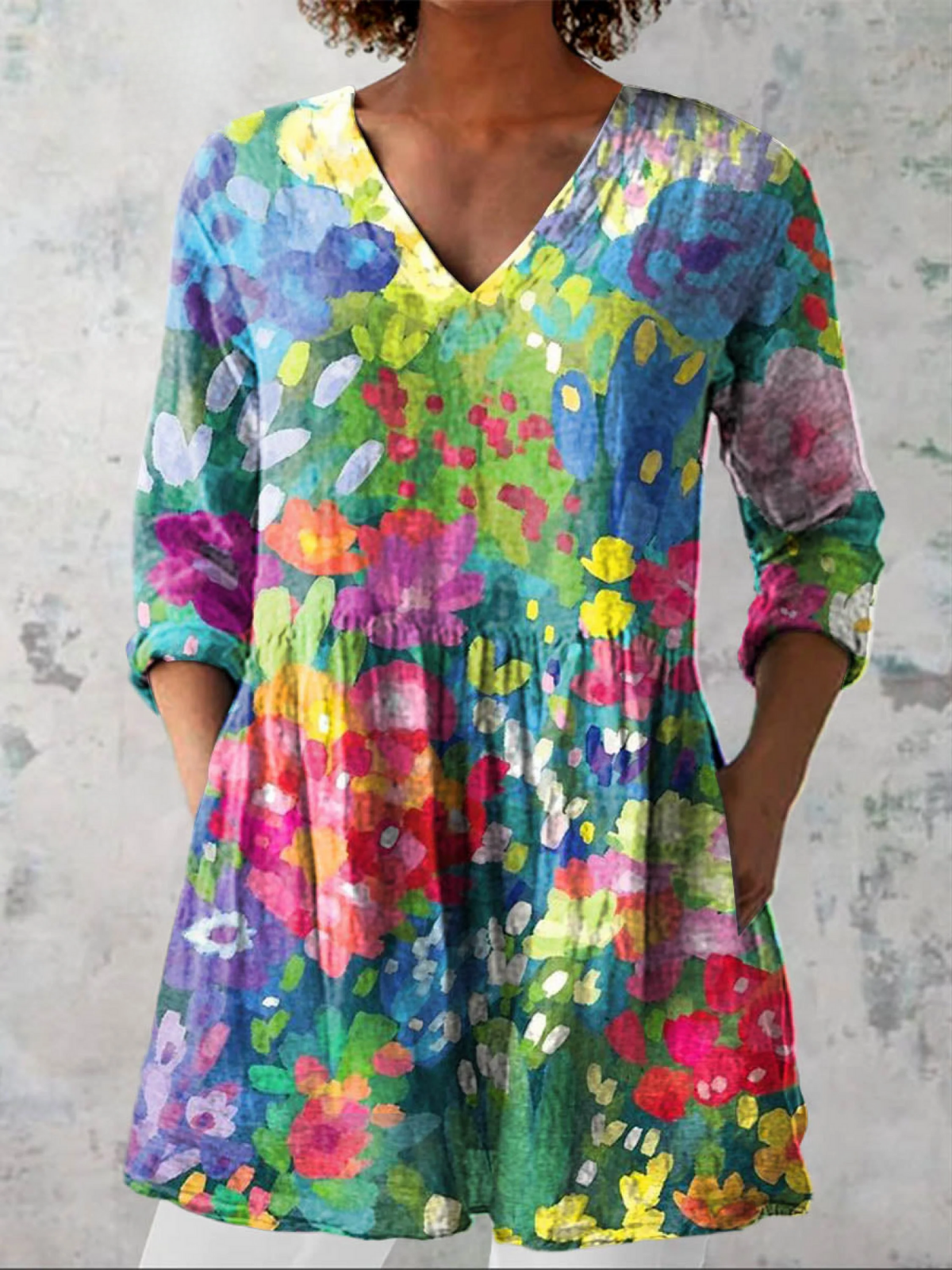V-Neck Long Sleeve Floral Print Tunic Top
