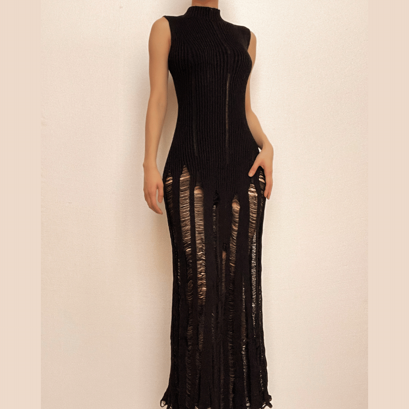 Ribbed Knit Mock Neck Sleeveless Distressed Shredded Maxi Dress