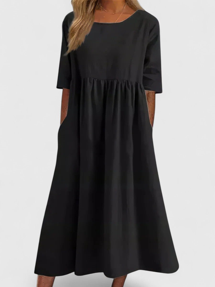 Scoop Neck Short Sleeve Pocket A-Line Midi Dress