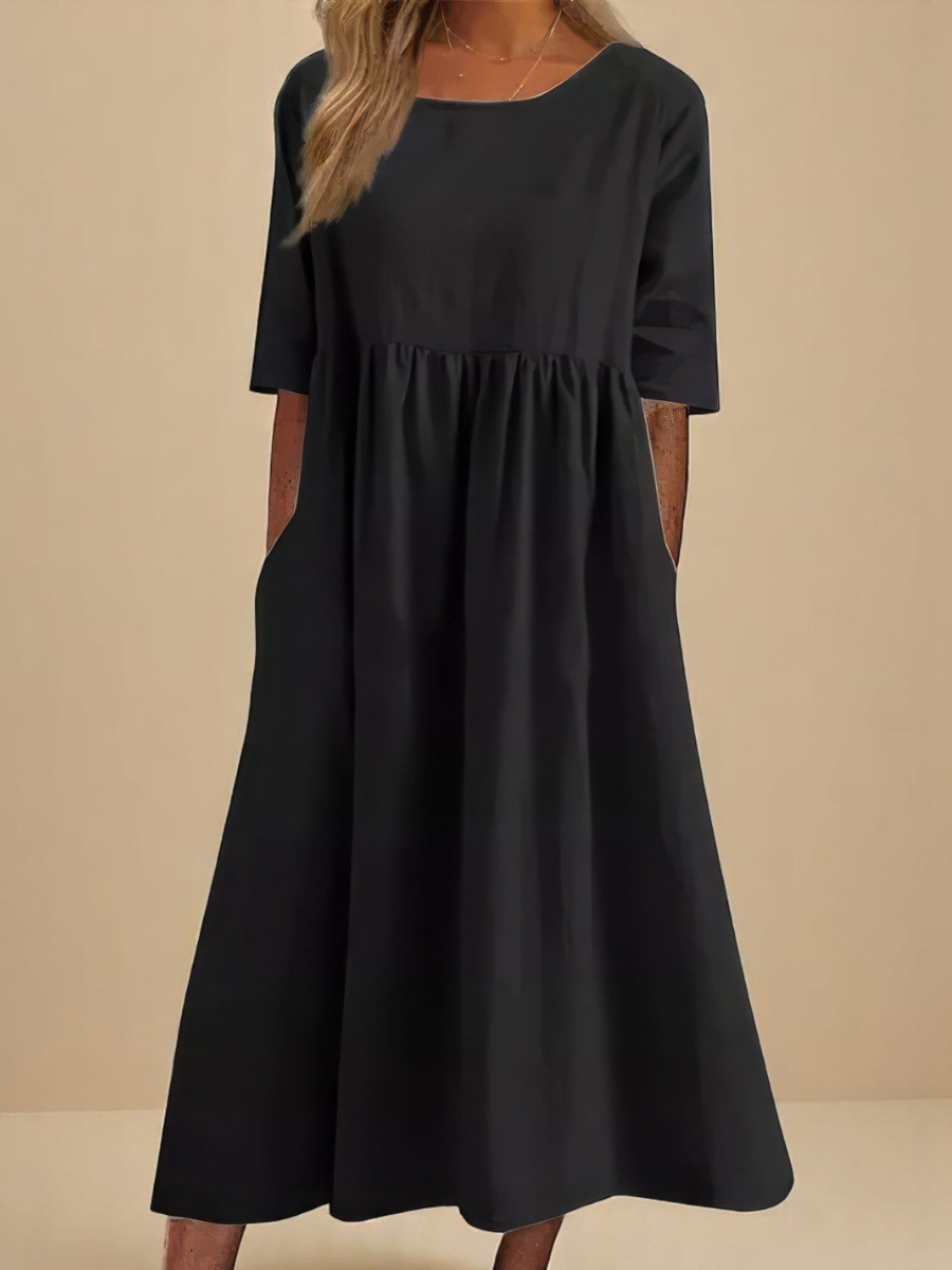 Round Neck Half Sleeve Pocket Babydoll Midi Dress