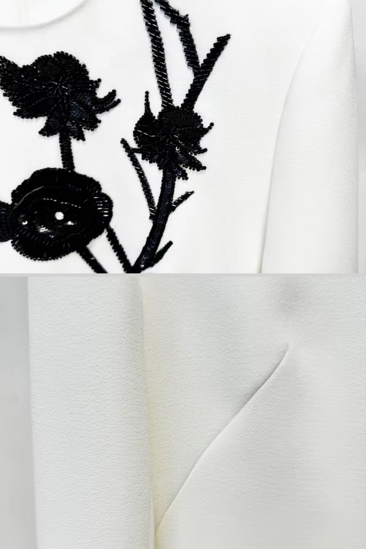 Round Neck Long Sleeve Beaded Floral Applique Structured Shoulder Mini Dress 16