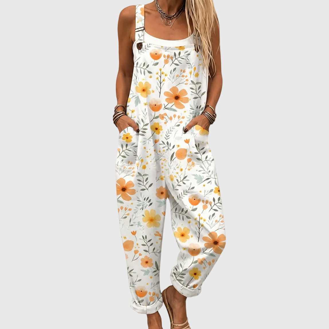 Floral Print Sleeveless Pocket Wide Leg Overall Jumpsuit