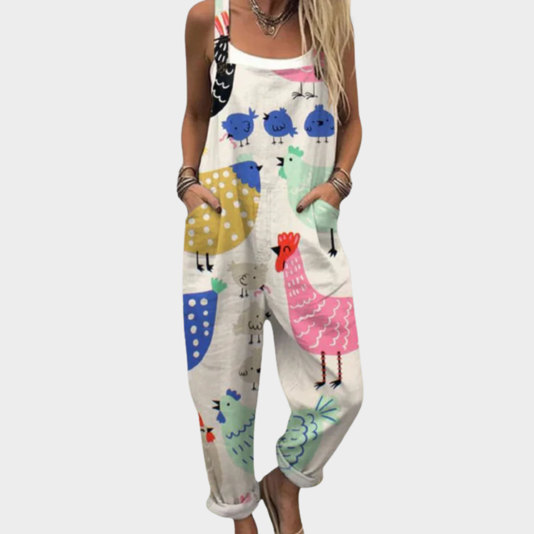Chicken Print Wide Strap Pocket Loose Overall Jumpsuit