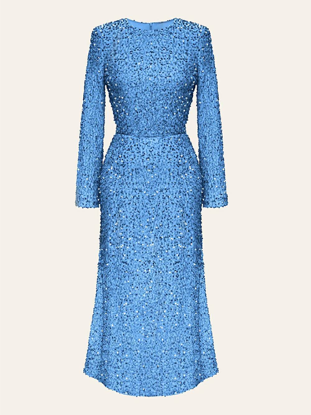 Sequin Crew Neck Long Sleeve Bodycon Midi Dress