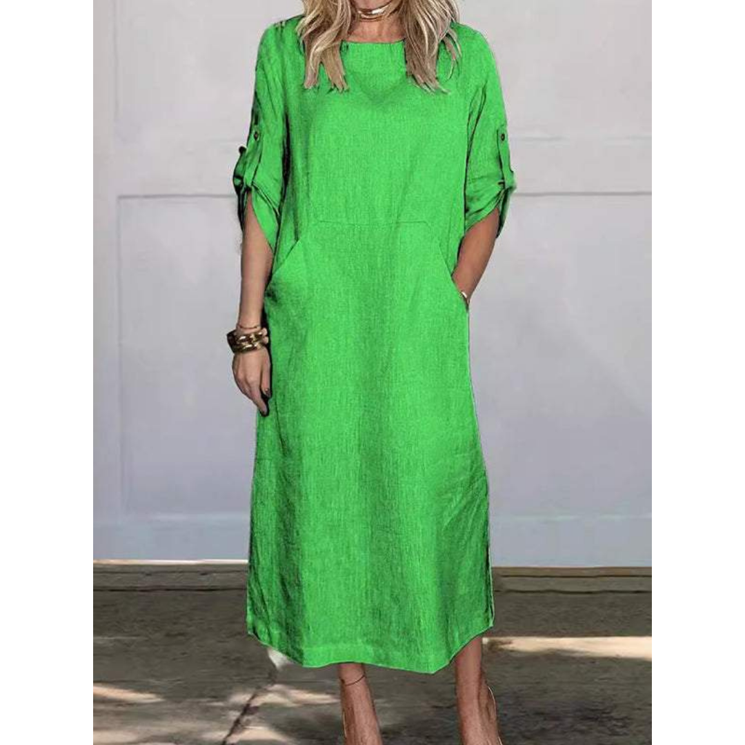Round Neck Roll Tab Sleeve Pocket Side Slit Shift Maxi Dress