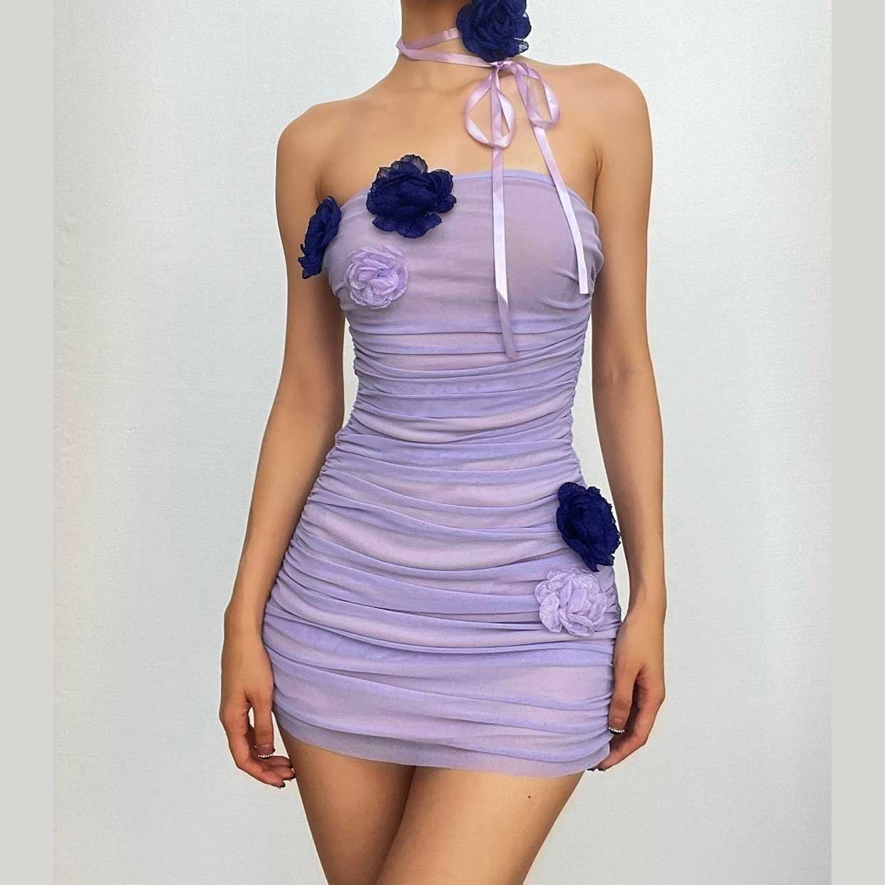 Strapless Rosette Ruched Mesh Backless Bodycon Mini Dress
