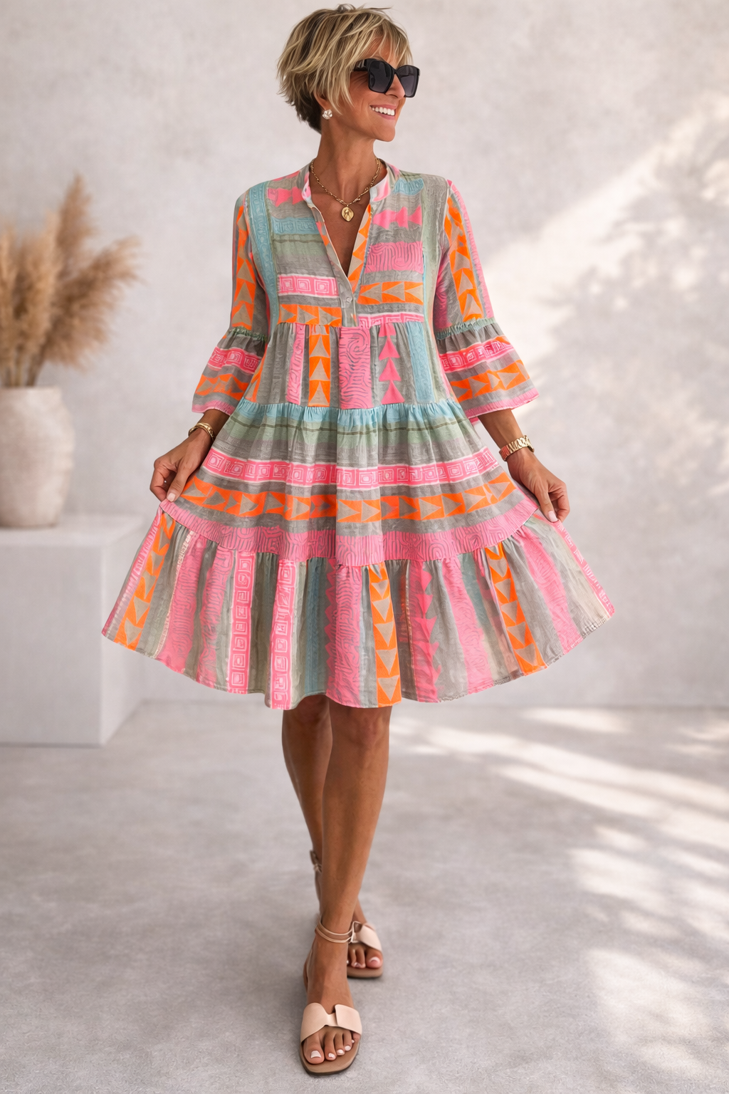 Geometric Print Split Neck Bell Sleeve Tiered Mini Dress Summer