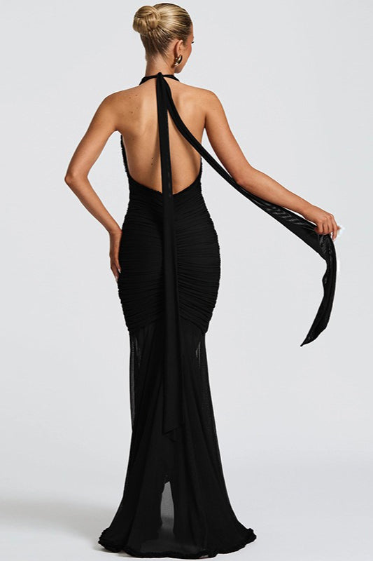 Halter Neck Deep V-Neck Ruched Ruffle Mermaid Maxi Gown