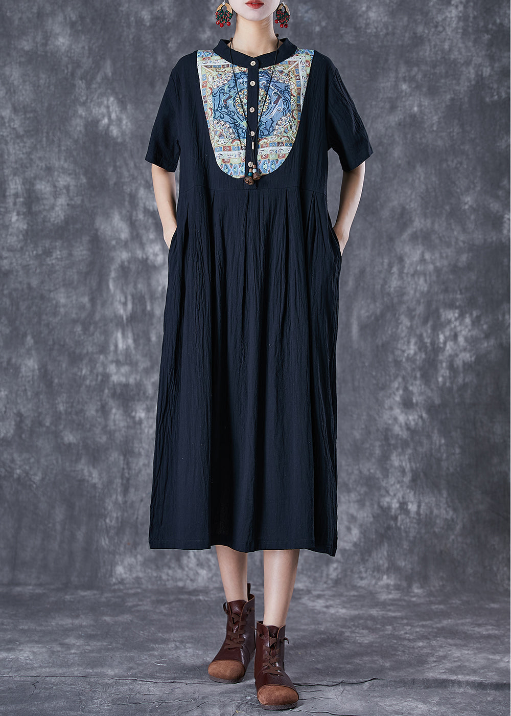 Stand Collar Short Sleeve Crinkle Woven Bib Panel Pleated Pocket Midi Dress
