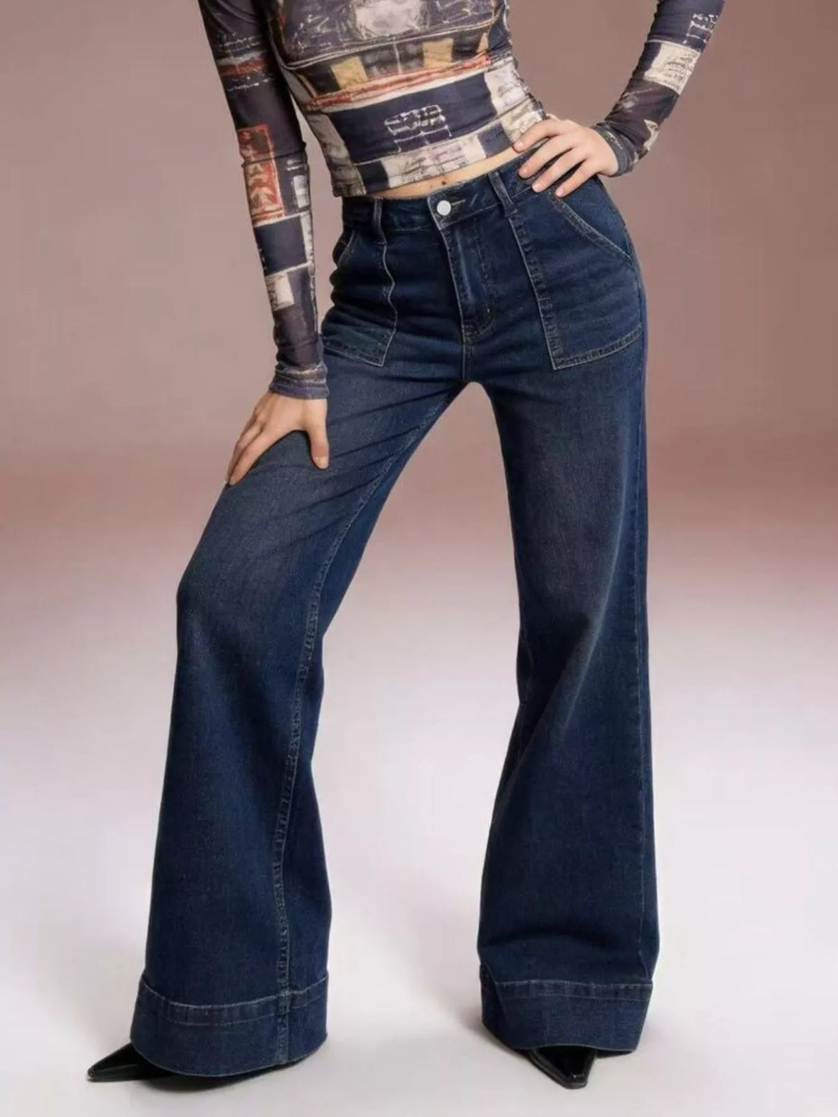 High Waist Patch Pocket Wide Cuff Hem Wide Leg Jeans 2