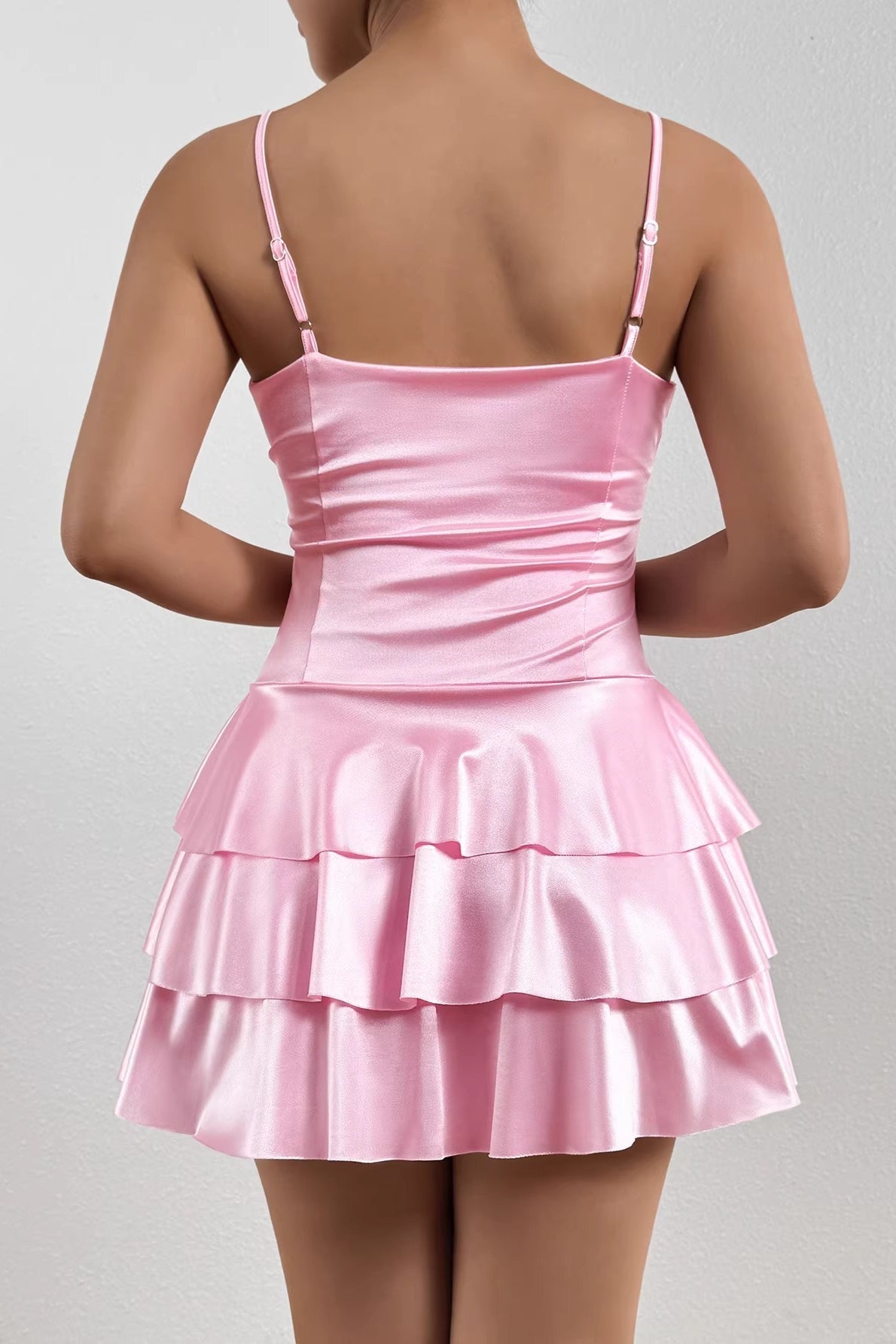 Satin V Neck Tiered Cami Mini Dress - View 5